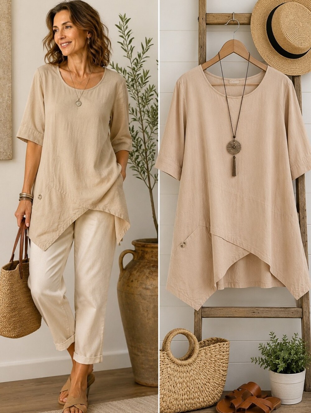 100% Cotton Asymmetrical Tunic Top L Sand Beige Boho Lagenlook